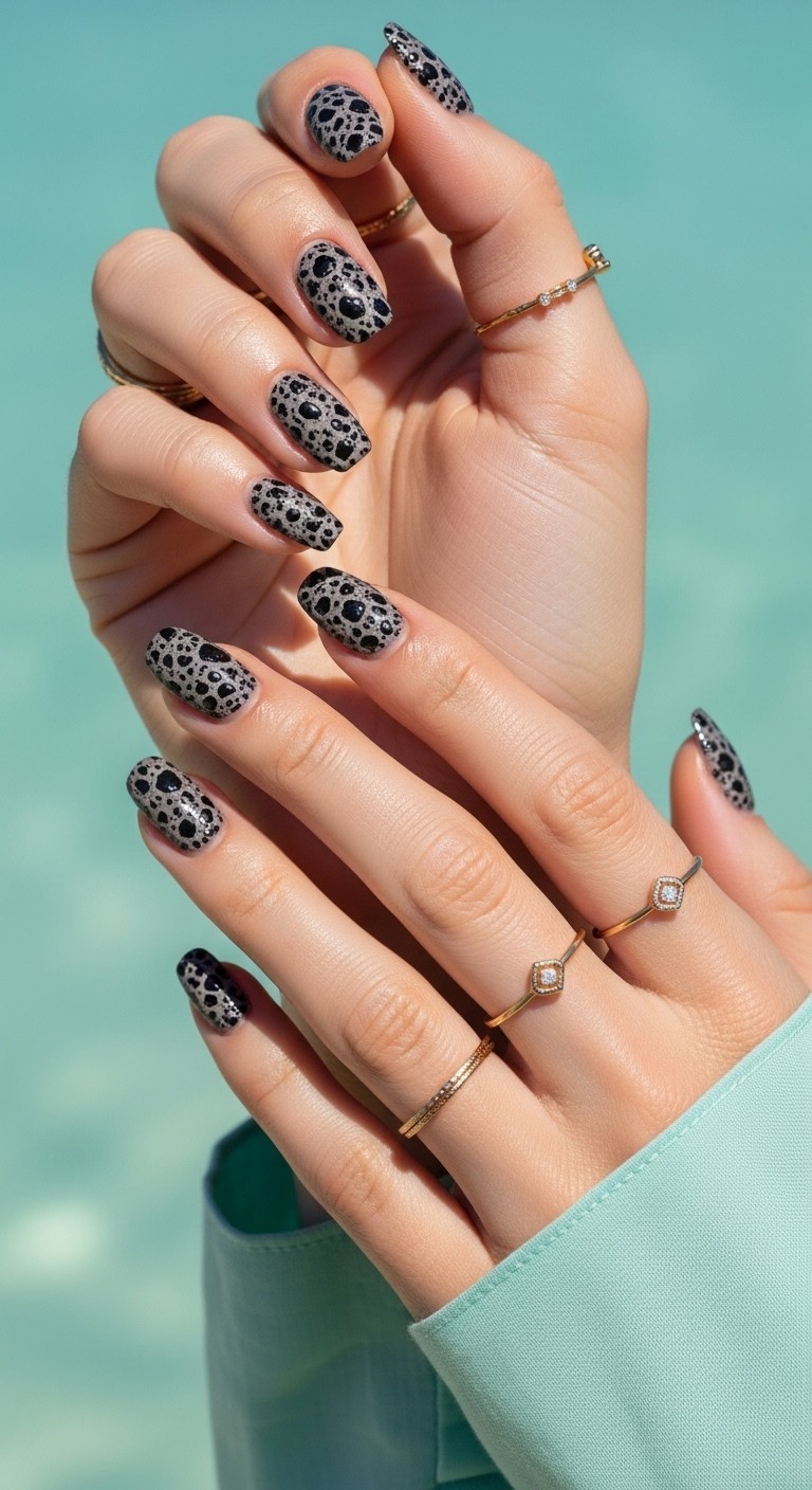 volcanic lava rock-inspired nail art in matte and shimmer finishes, naturally posed with soft fabric sleeves and delicate gold ring