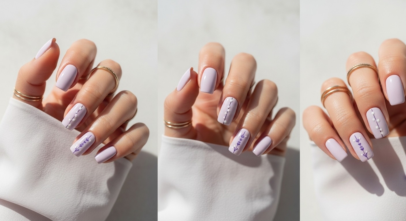 Natural hand with straight fingers showing glossy pastel lavender butter nails with minimal lavender sprig accents, wearing thin gold rings and a light lavender sleeve.