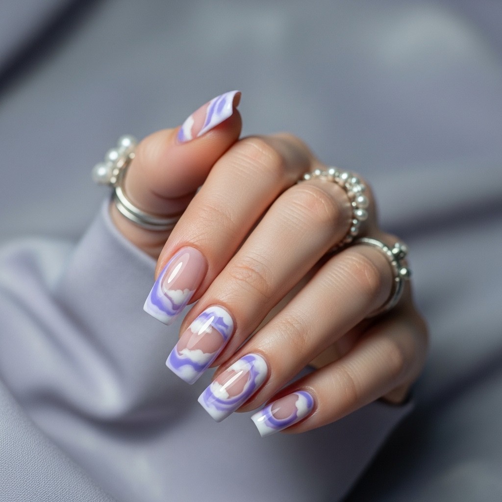 Lavender swirl French tip nails with airy white accents, silver rings, and a soft lilac fabric background.