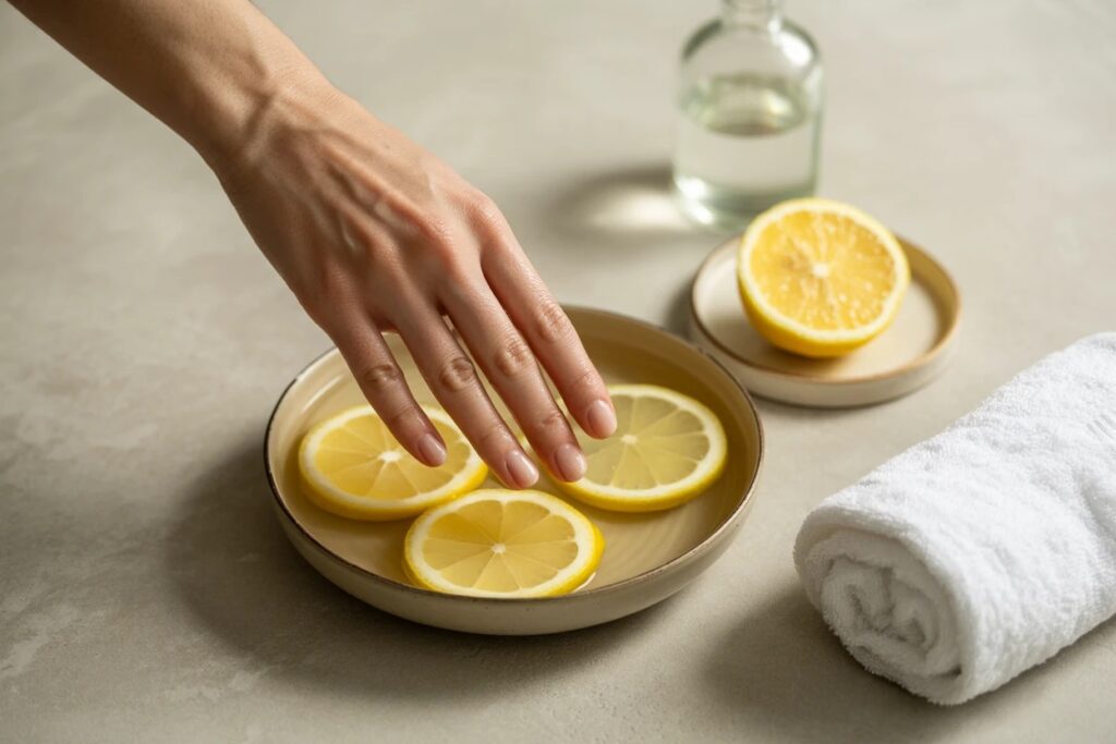 A close-up of a hand with mildly yellow-stained nails soaking in a small bowl of warm water with lemon slices. The image shows a natural home remedy for yellow nails using lemon juice, placed on a spa-like setting with a towel and moisturizer nearby to emphasize aftercare.