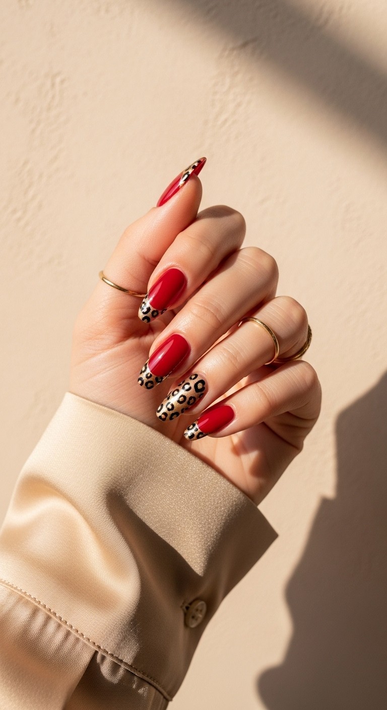 Glossy red French tip nails with leopard print accents, styled on a relaxed hand with a tan silk sleeve and soft neutral background.