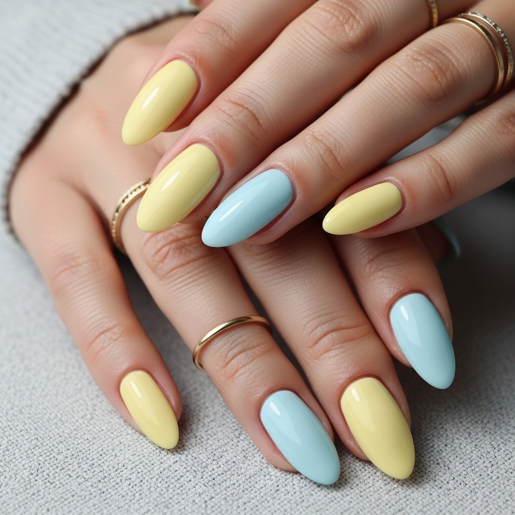 Almond-shaped nails painted in soft, realistic butter yellow and baby blue shades with a glossy finish, styled with minimal gold rings on relaxed hands.