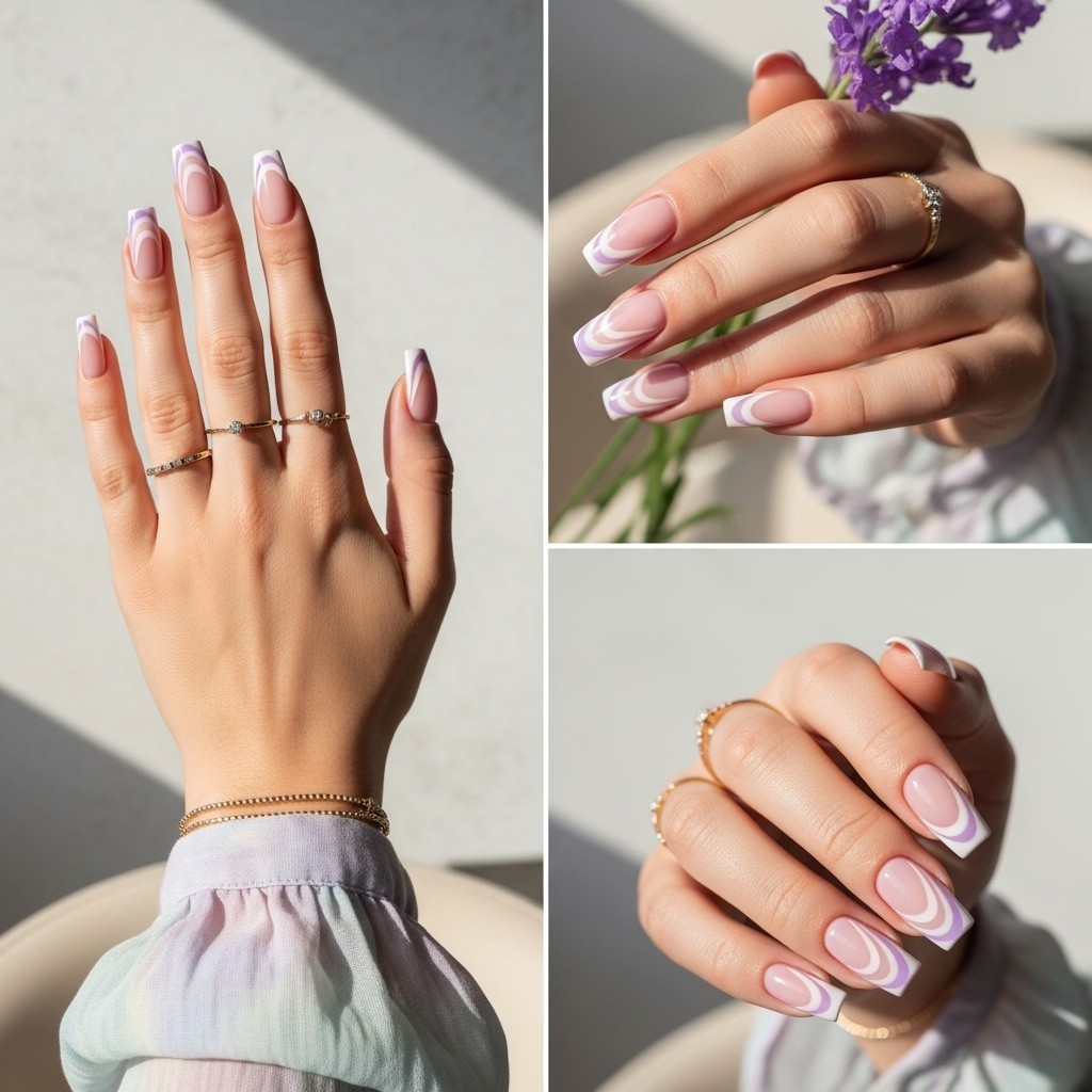 Close-up of a natural hand with straight fingers showcasing lilac mist swirl French tip nails, featuring soft lilac and white swirls, delicate gold rings, and pastel flowy sleeves against a neutral textured background.