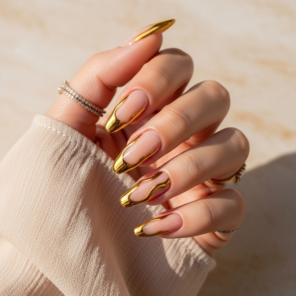 Almond-shaped nails with glossy nude base and flowing liquid gold French tips on a sleek hand with soft neutral background and minimal gold jewelry.

