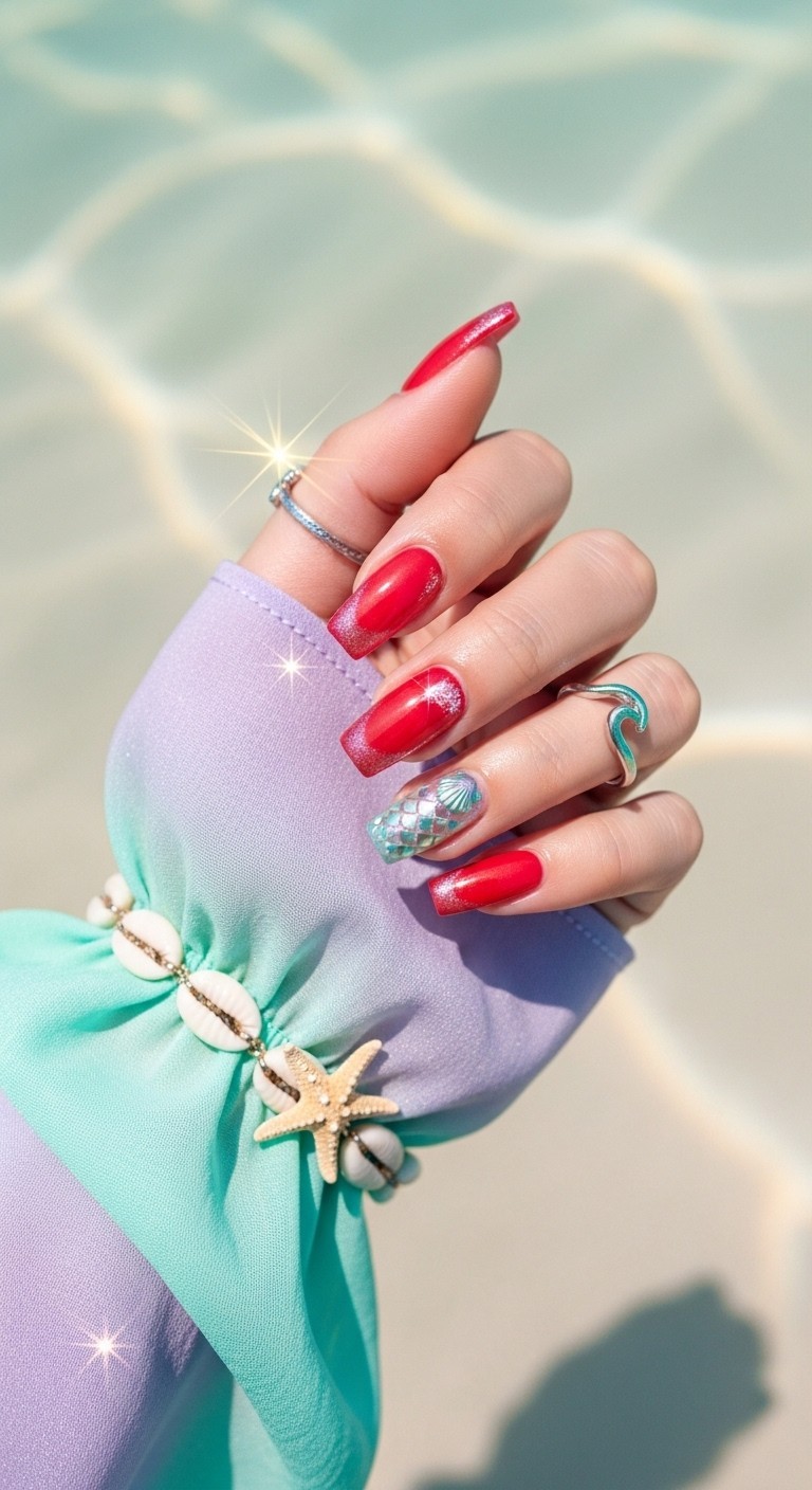 Red French tip nails with mermaid-inspired shimmer and shell accents, styled with ocean-toned accessories and a pastel aqua sleeve.