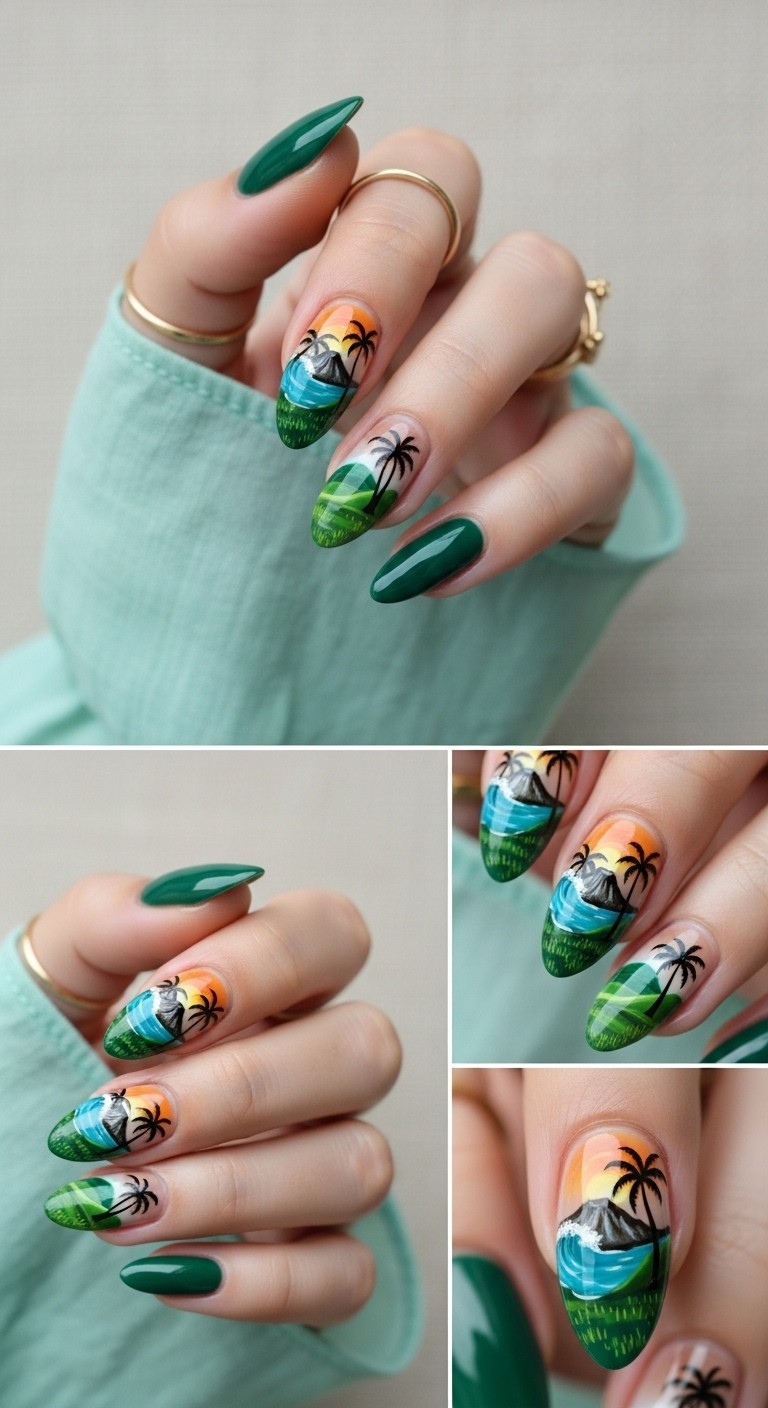Hand-painted Hawaiian landscape nail art on almond nails featuring palm trees, sunsets, and ocean waves in tropical tones, styled with a soft summer sleeve and natural light.