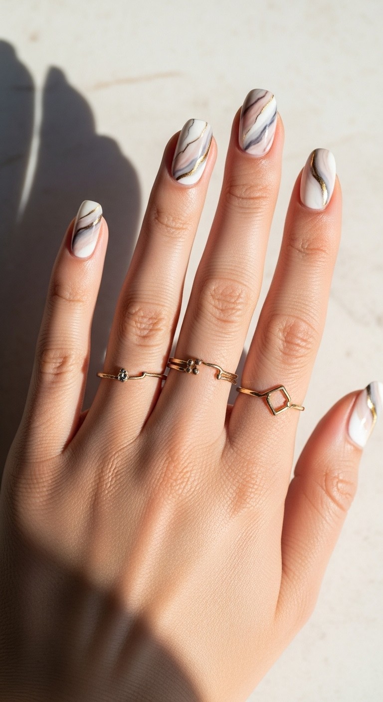 Natural hand with straight fingers showing full back, glossy marble nails in white, gray, and beige tones with subtle gold veining, minimal gold rings, and no visible clothing.

