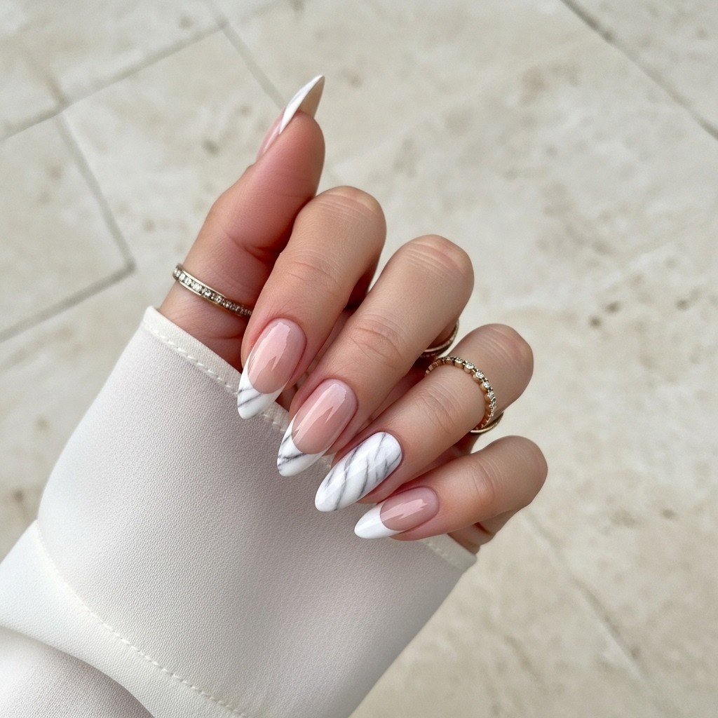 nails featuring white marble-patterned French tips on a nude base, glossy finish, with gold ring and cream chiffon sleeve against a neutral stone background.