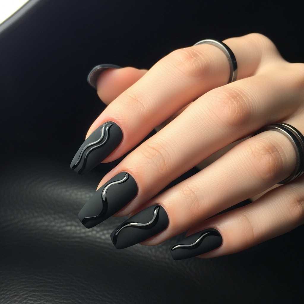 Matte black nails with glossy black swirl accents, styled on a real hand with dark metallic rings against a black fabric background.