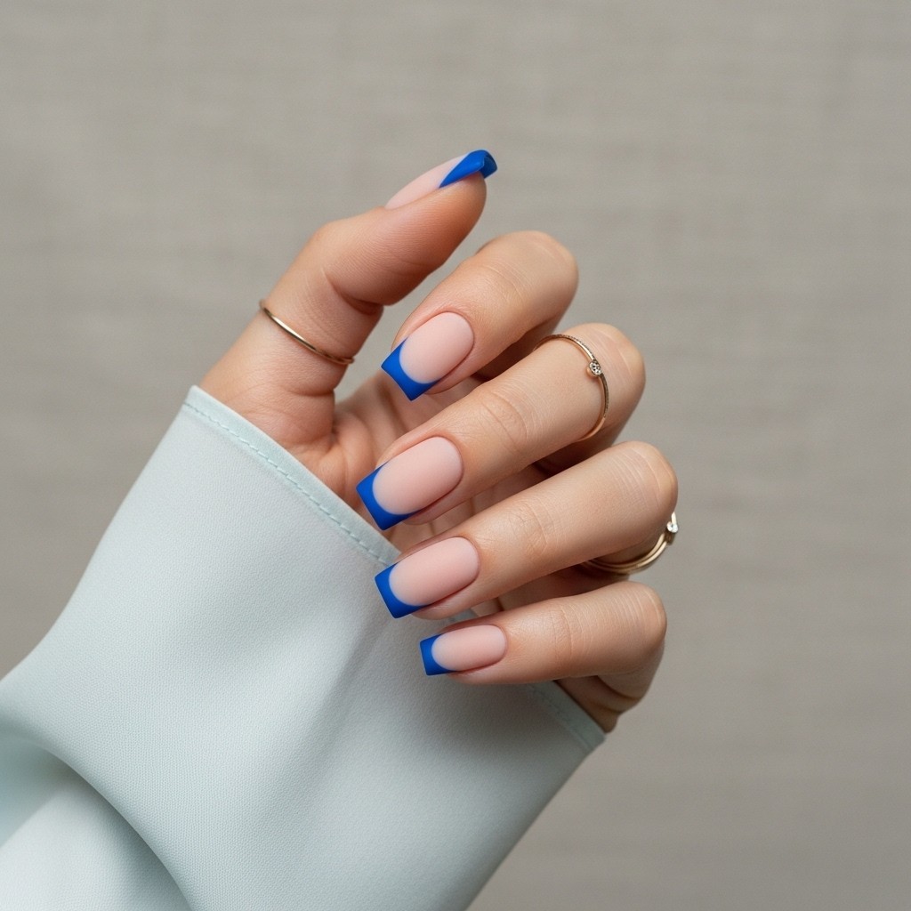 Hand with square matte nude nails outlined in cobalt blue, against a soft neutral fabric background and styled with a light flowy sleeve.

