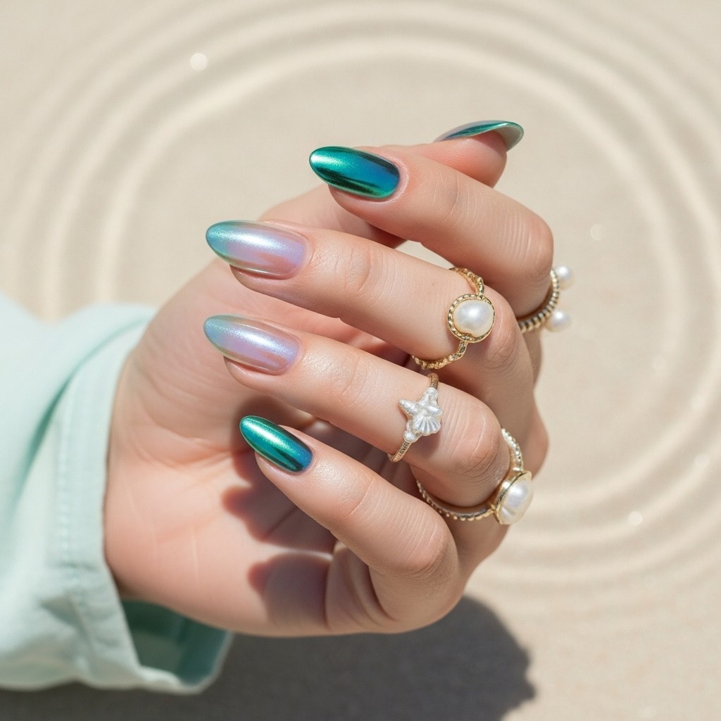 Almond nails with teal and seafoam chrome French tips over a sheer nude base