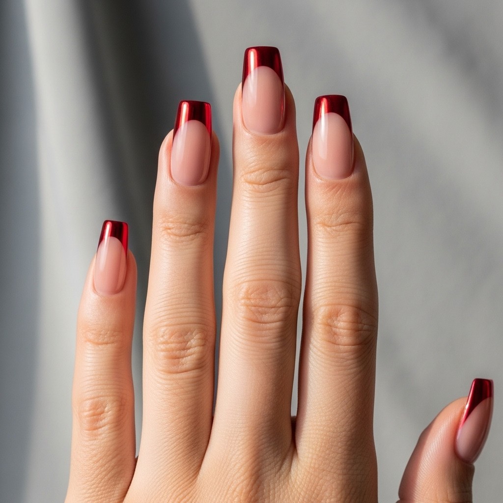 Back of hand with straight fingers featuring medium-length nails with nude base and shiny metallic red French tips.