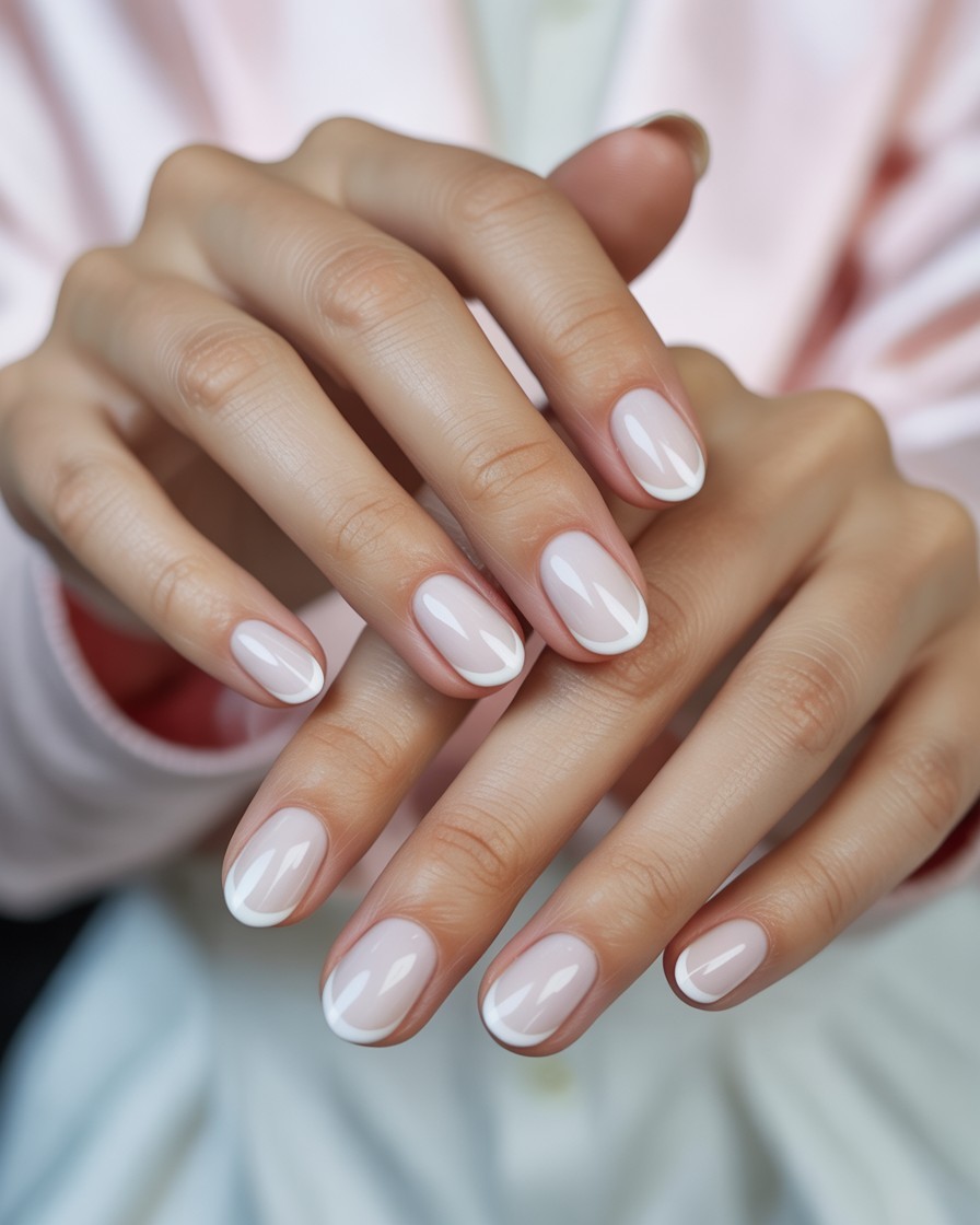 Close-up of almond-shaped nails with a milky white base and subtle white French tips, glossy finish, perfect fresh and clean manicure.