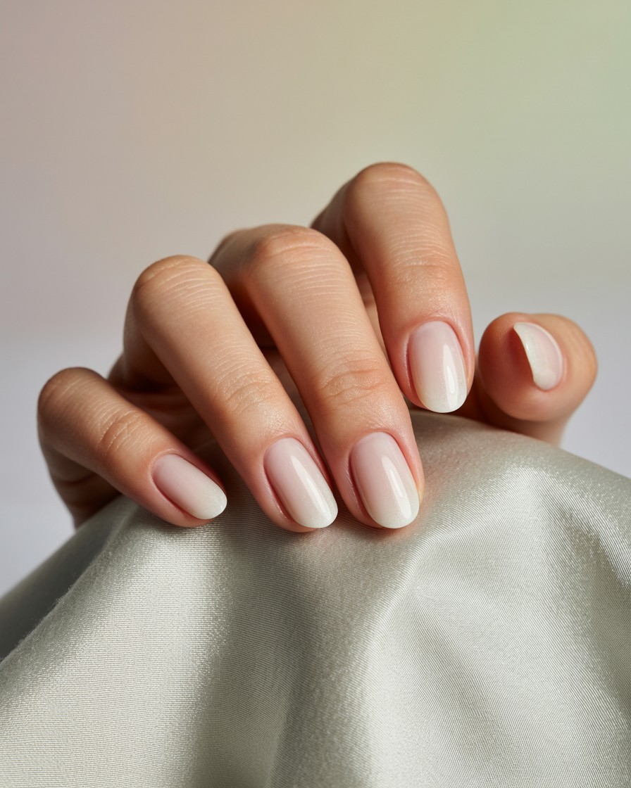 Whole hand with glossy milky white sheer nails, simple and elegant for everyday wear.