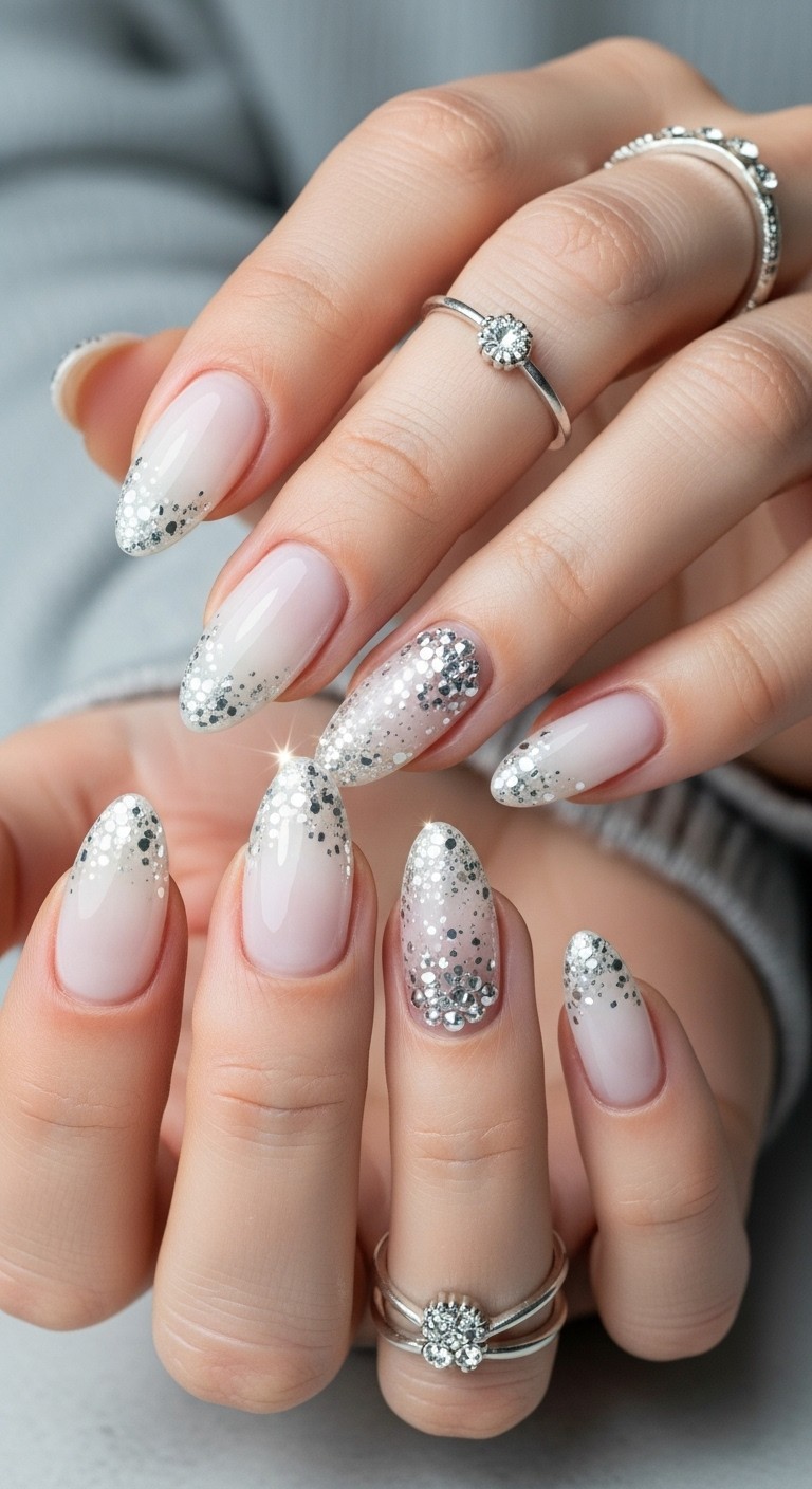 almond-shaped nails featuring a translucent milky white base and delicate silver crystal accents resembling ice or frosted snowflakes