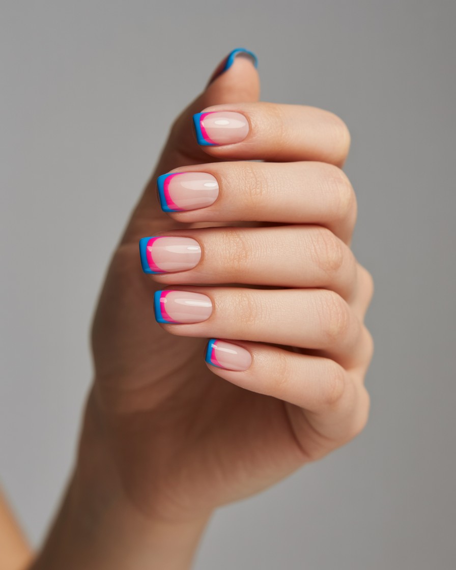 Whole hand with glossy nails featuring tiny neon pink and electric blue French tips.