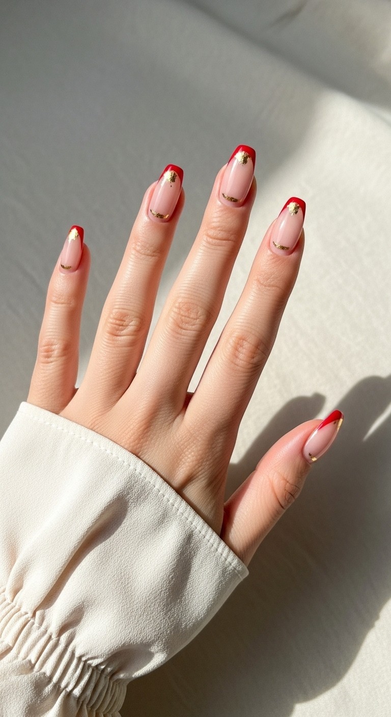 Flat hand with straight fingers featuring nude nails with red French tips and delicate gold accents, styled on soft neutral fabric.