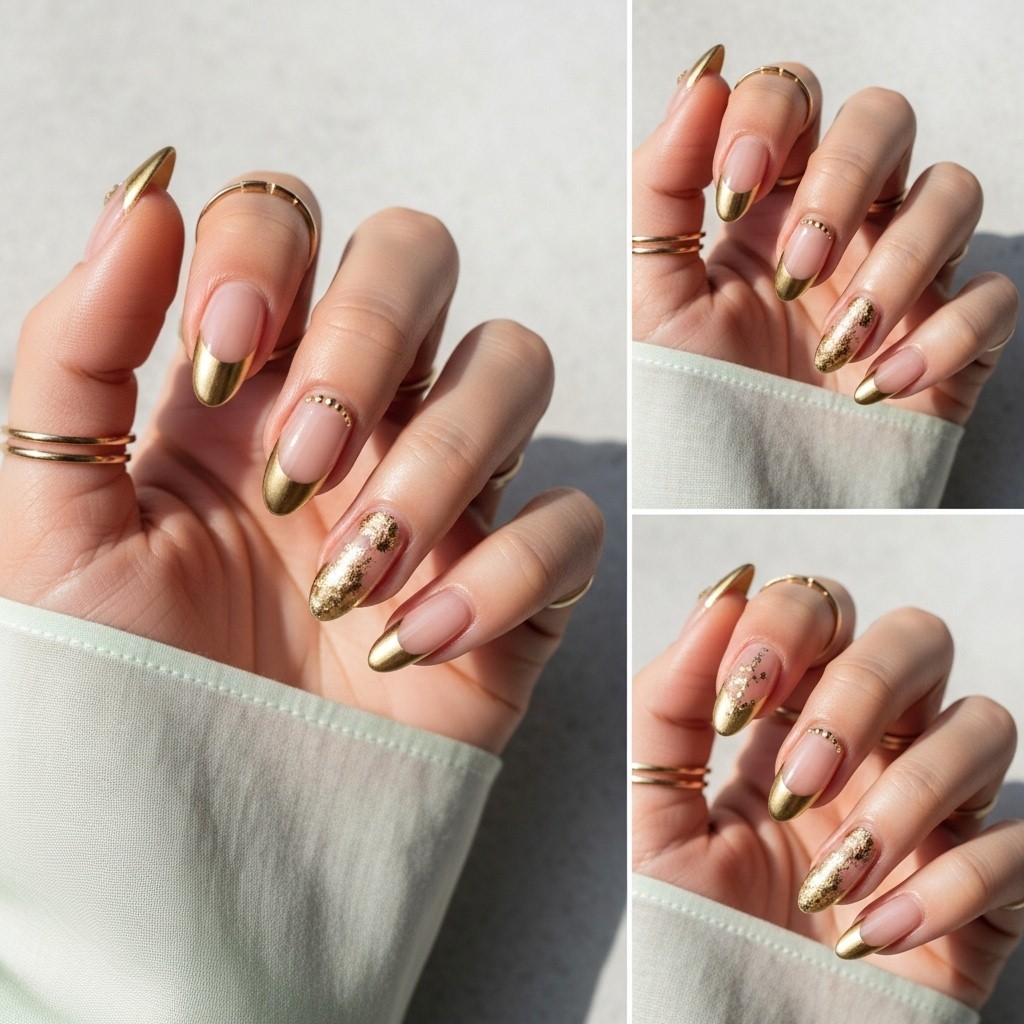 Close-up of hand with sleek fingers showing mix and match gold French tip nails featuring various gold accents, flakes, shimmer, and rhinestones.