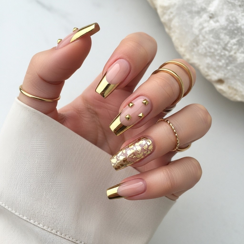 Close-up of sleek fingers with mixed media gold French tip nails featuring glossy, matte, glitter, studs, and metallic foil accents.


