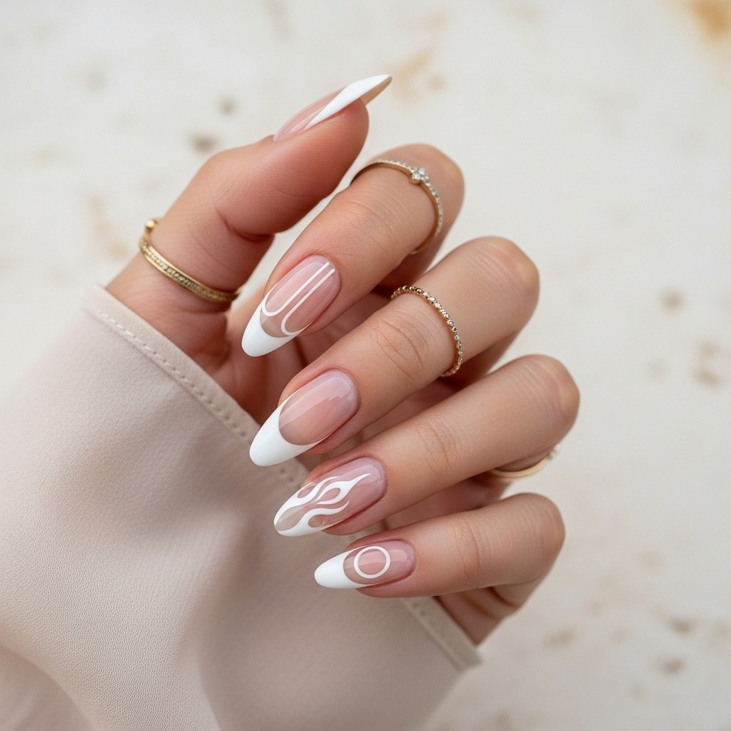 Hand with five different modern white French tip nail designs including swirl, double line, angled, flame, and half-moon styles on almond-shaped nails, accessorized with a gold ring and framed by a soft beige sleeve.
