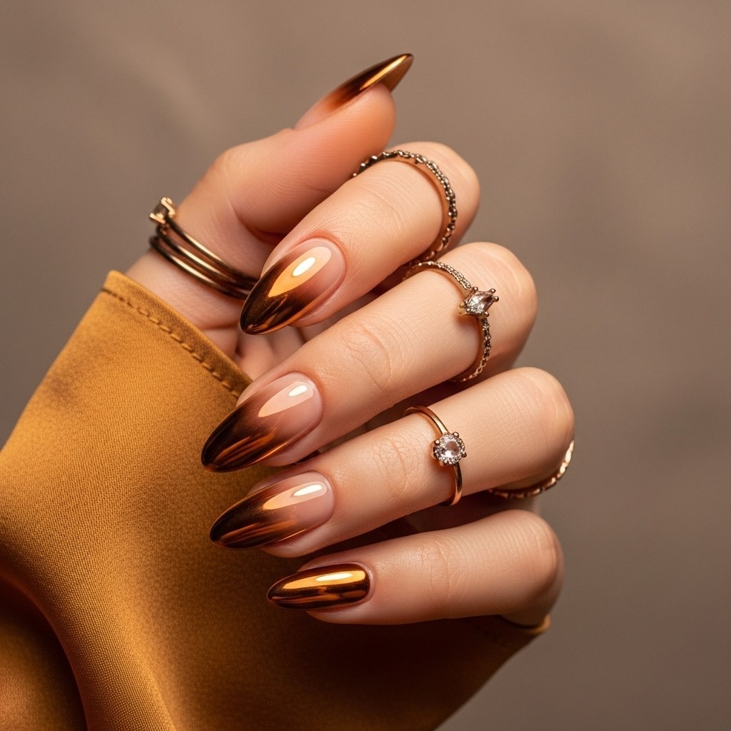 Almond-shaped nails with molten bronze chrome French tips and a nude base