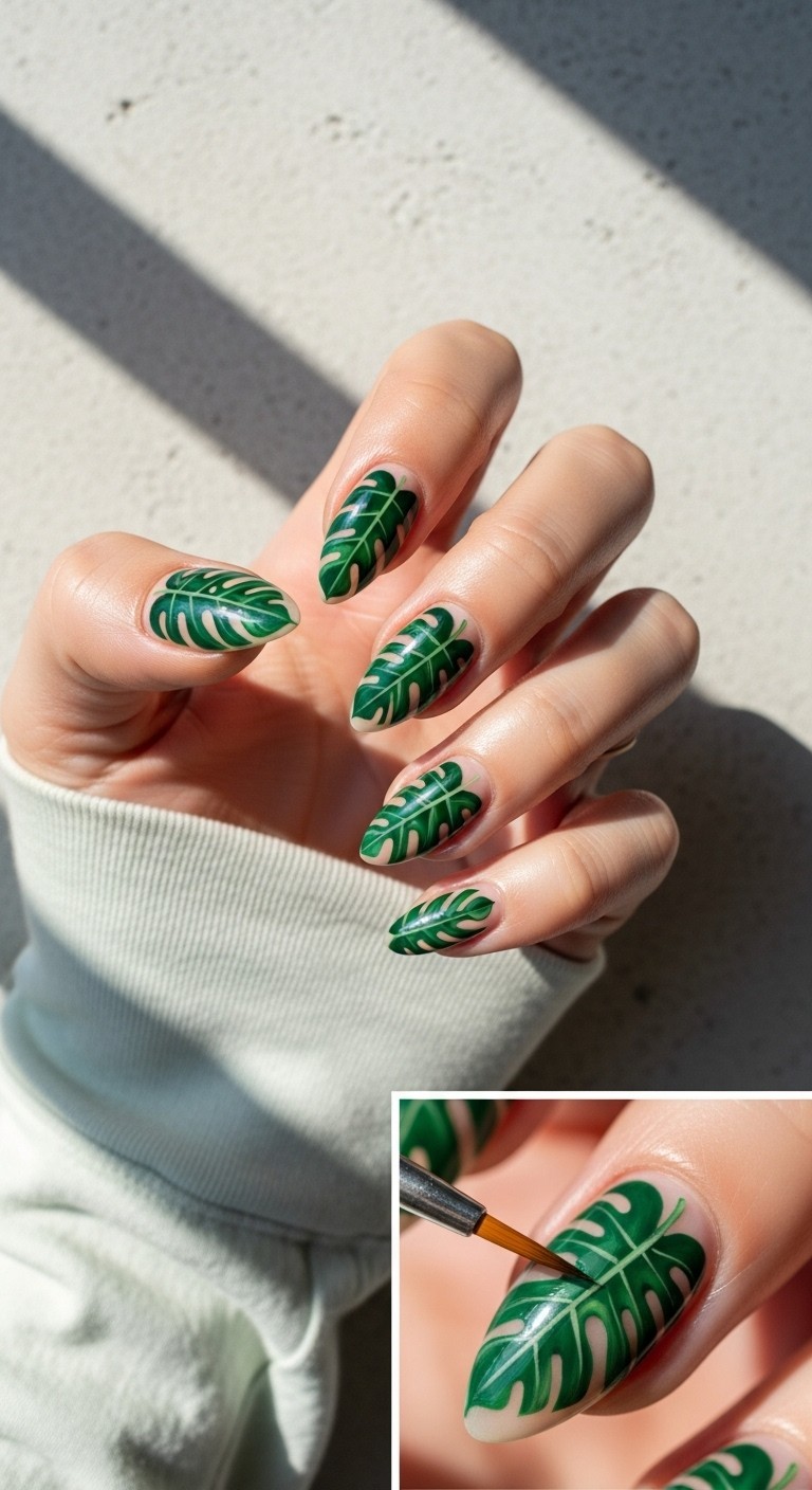 Almond nails with hand-painted monstera leaf designs in emerald green over a nude base, styled with a light sleeve and soft natural lighting on a neutral background.