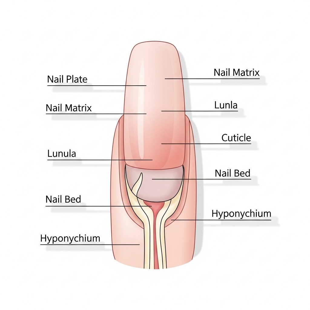 Medical diagram showing nail anatomy with labeled parts including nail plate, matrix, lunula, cuticle, nail bed, and hyponychium.
