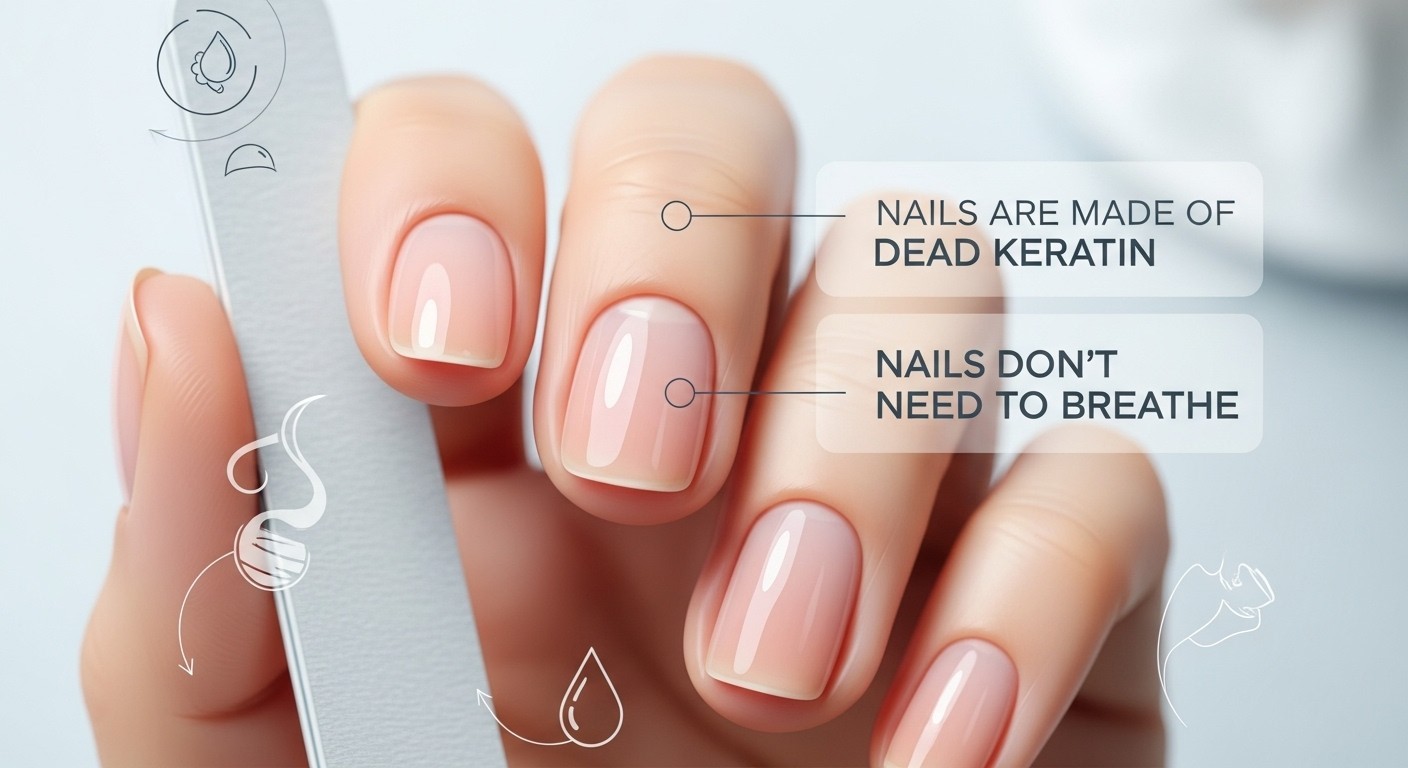 close-up of a healthy, unpainted fingernail with soft skin tones and a pale neutral background. Includes minimalist text labels reading “Nails Are Made of Dead Keratin” and “Nails Don’t Need to Breathe,” along with gentle nail care symbols like a nail file and water droplet to emphasize hydration and care.