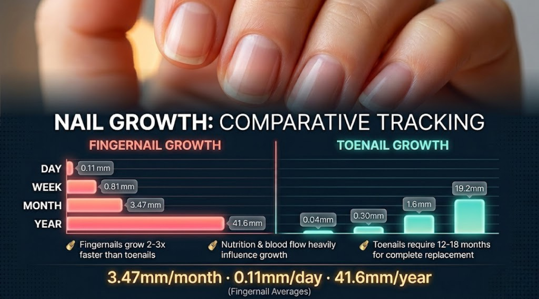 Infographic chart showing fingernail growth rate of 3.47mm per month and toenail growth rate of 1.62mm per month across daily, weekly, monthly, and yearly intervals
