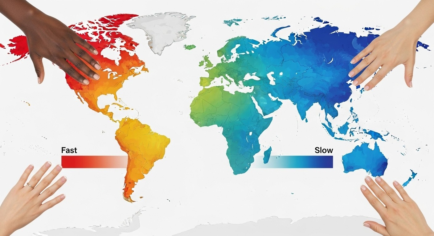 Minimalist world map with a color strip legend from fast (red/orange) to slow (blue/purple) nail growth rates, featuring diverse natural hands around the map to show population variation.