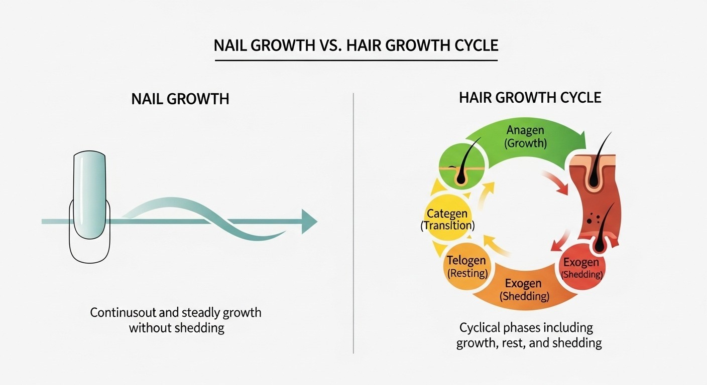 Split infographic comparing nail growth and hair growth cycles. Left side shows a continuous nail growth timeline with an arrow indicating steady forward growth. Right side displays a circular flowchart of hair growth phases—anagen, catagen, telogen, and exogen—each segment color-coded and labeled, illustrating the cyclical nature of hair growth. Clean, simple design on a light background.