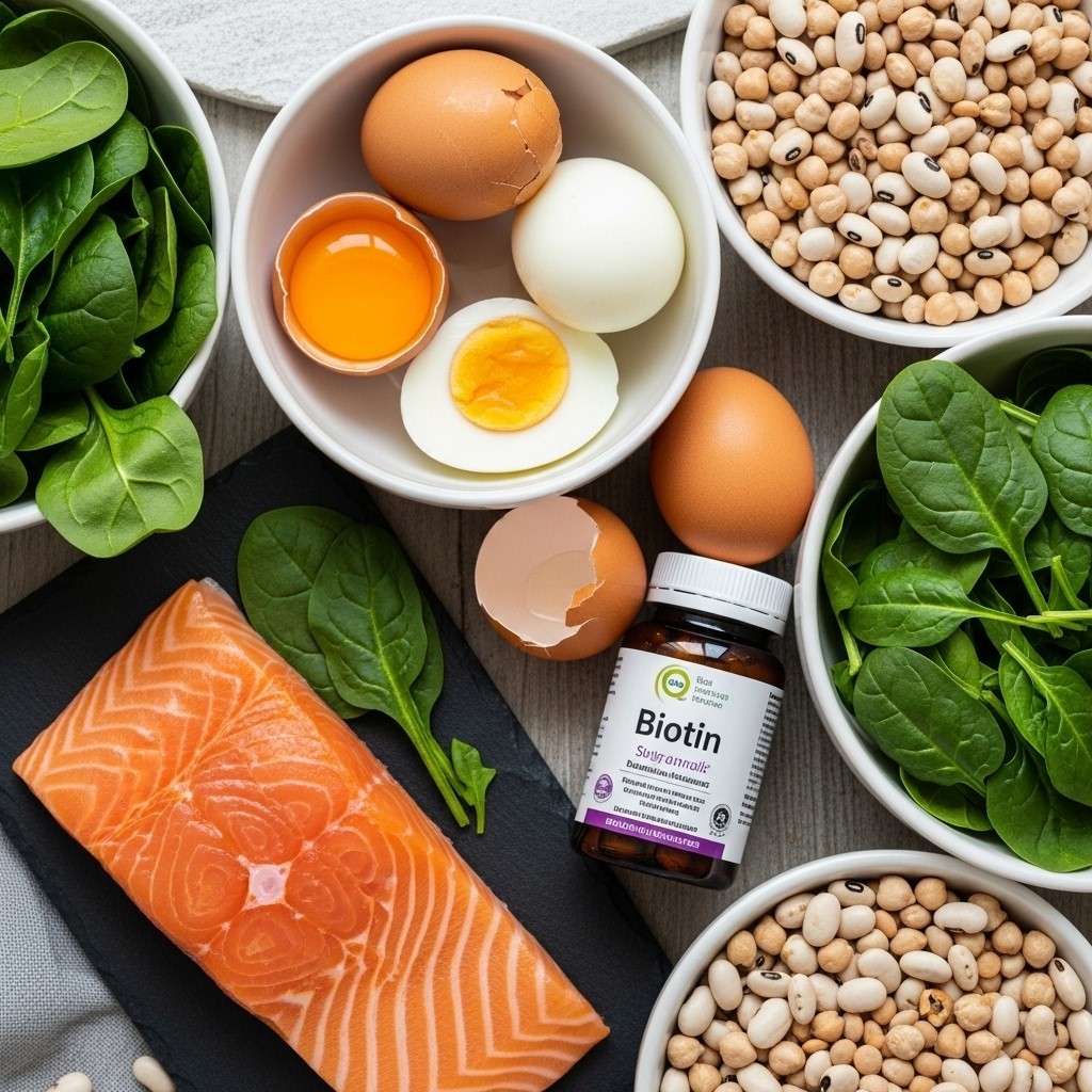 Flat-lay of eggs, fresh salmon, leafy greens, legumes, and a biotin supplement bottle arranged on a light surface, illustrating nutrition for healthy nails.