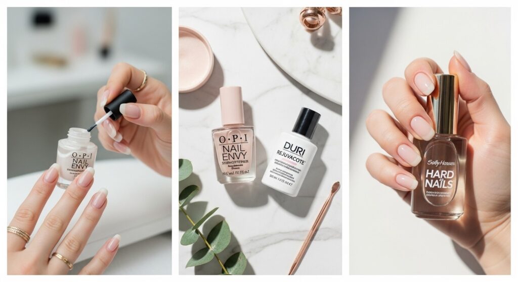 Collage with a woman applying nail strengthener, top nail care products styled on marble, and glossy nails holding Sally Hansen Hard as Nails.