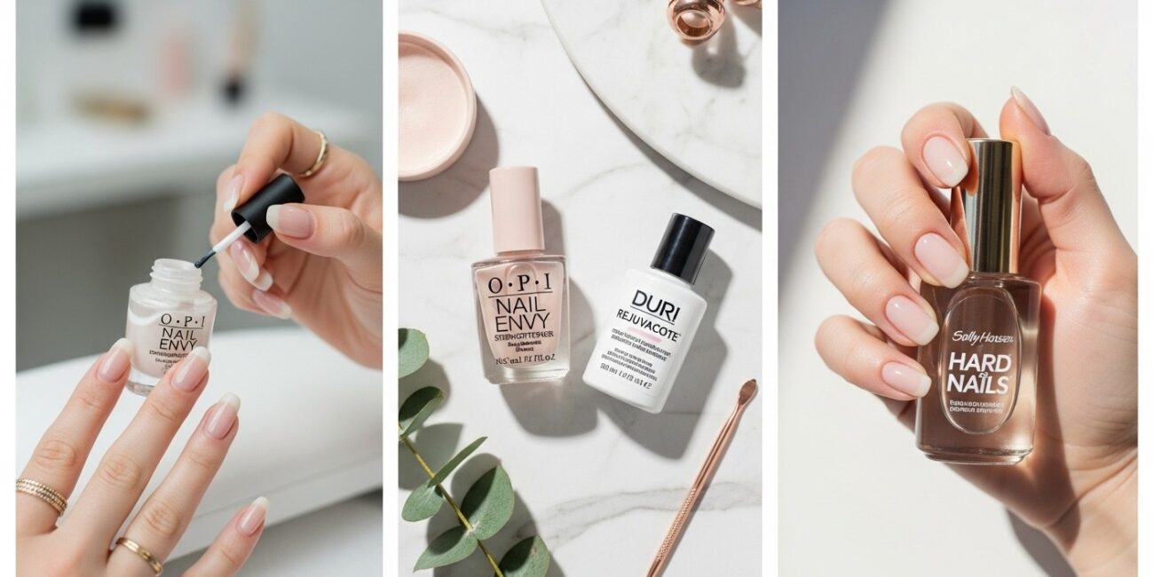 Collage with a woman applying nail strengthener, top nail care products styled on marble, and glossy nails holding Sally Hansen Hard as Nails.