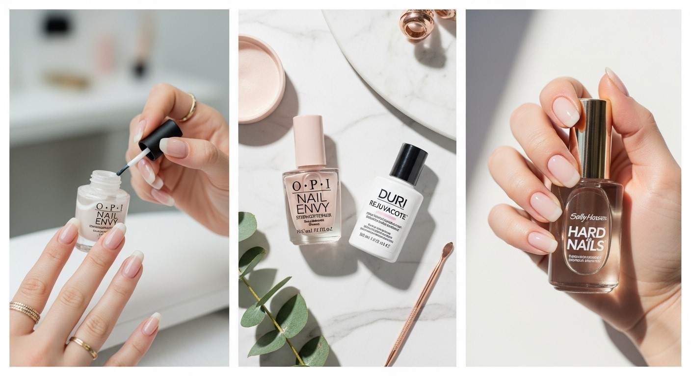 Collage with a woman applying nail strengthener, top nail care products styled on marble, and glossy nails holding Sally Hansen Hard as Nails.