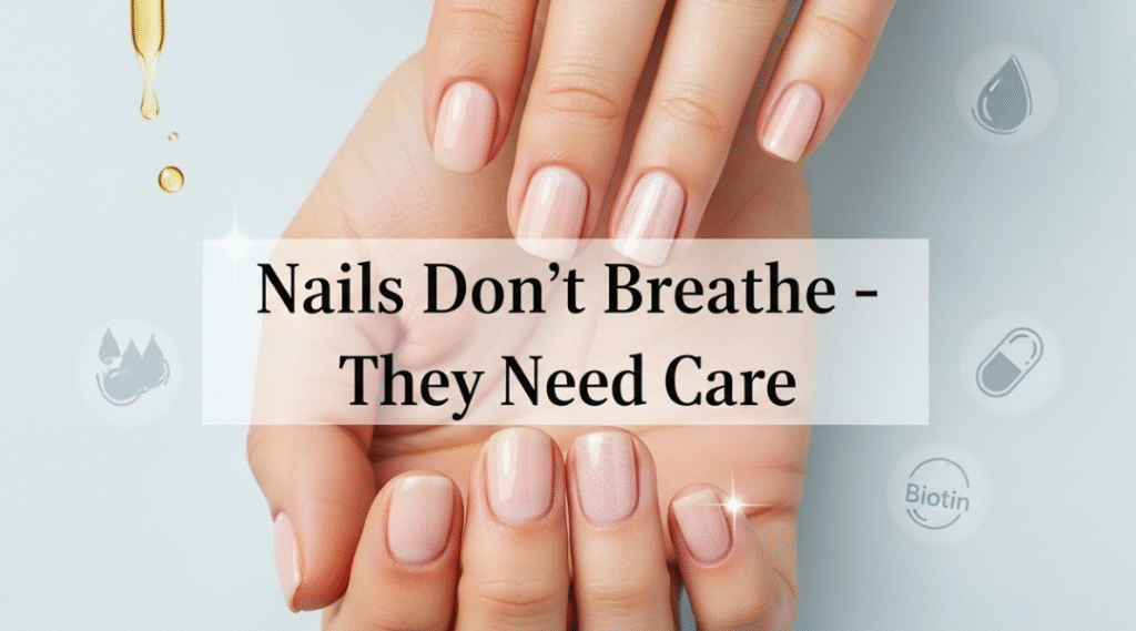 female hand with natural glossy nails, surrounded by faded air swirl lines and centered text reading “Nails Don’t Breathe – They Need Care,” emphasizing nail health and debunking common myths.