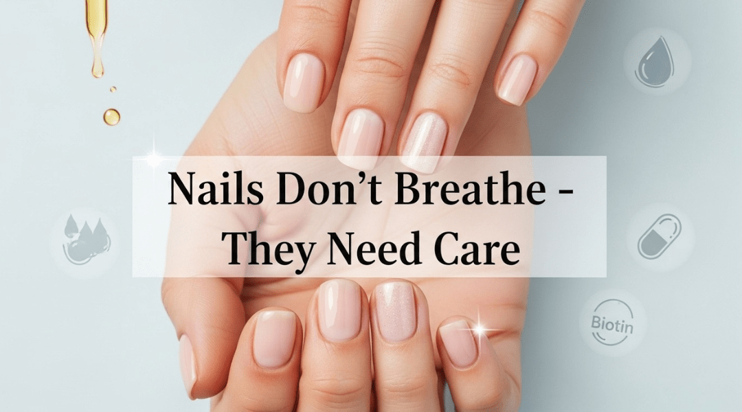 female hand with natural glossy nails, surrounded by faded air swirl lines and centered text reading “Nails Don’t Breathe – They Need Care,” emphasizing nail health and debunking common myths.