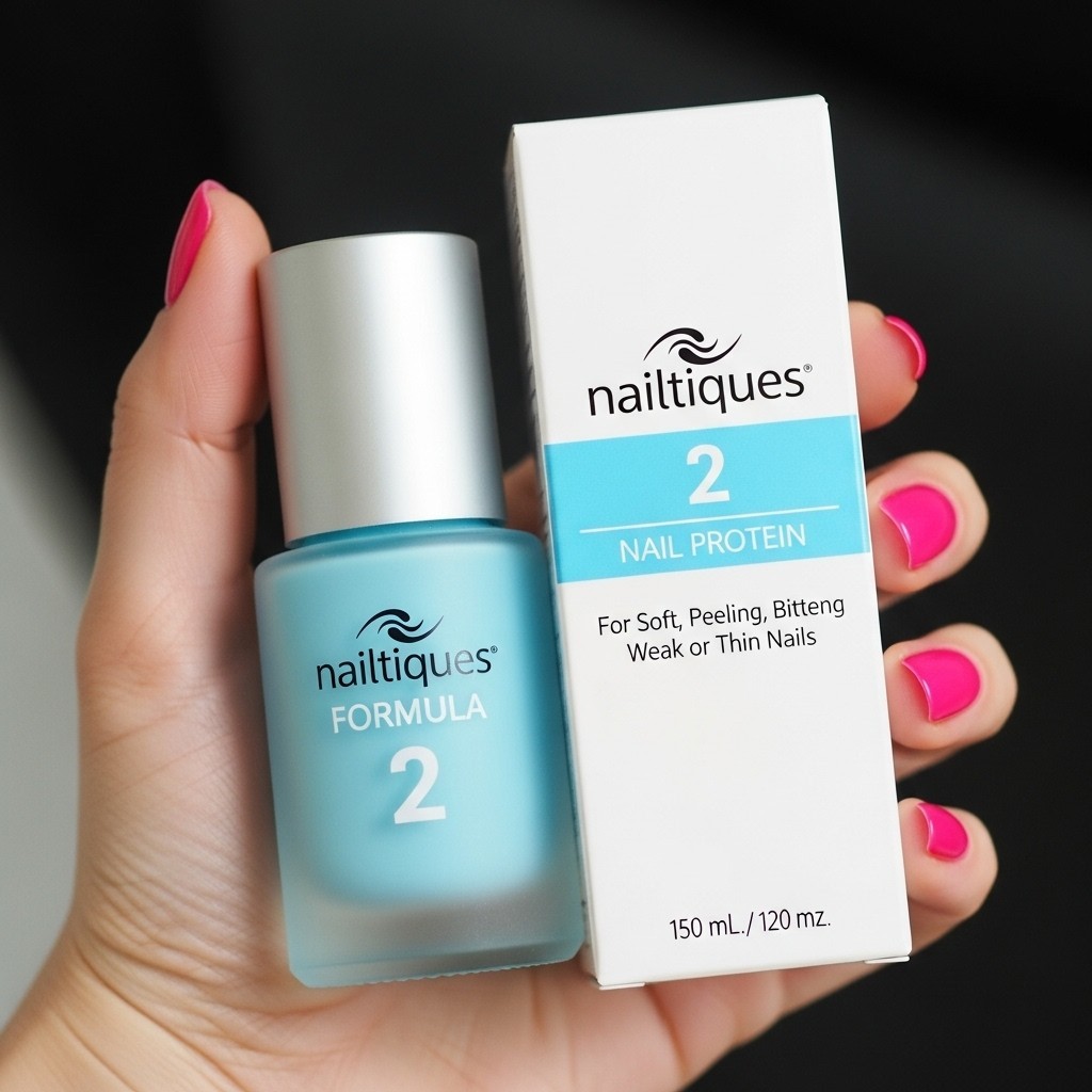 Nailtiques Formula 2 nail strengthener bottle with silver cap and protein-based formula for soft, peeling nails