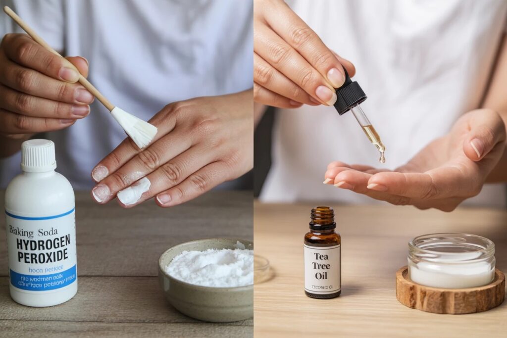 A split-scene image showing two natural remedies for yellow nails: on the left, a hand with yellow-tinted nails being treated with a thick paste of baking soda and hydrogen peroxide; on the right, a dropper applies diluted tea tree oil onto discolored nails, with coconut oil and an amber essential oil bottle in view. The image visually contrasts DIY stain removal and antifungal treatment methods.