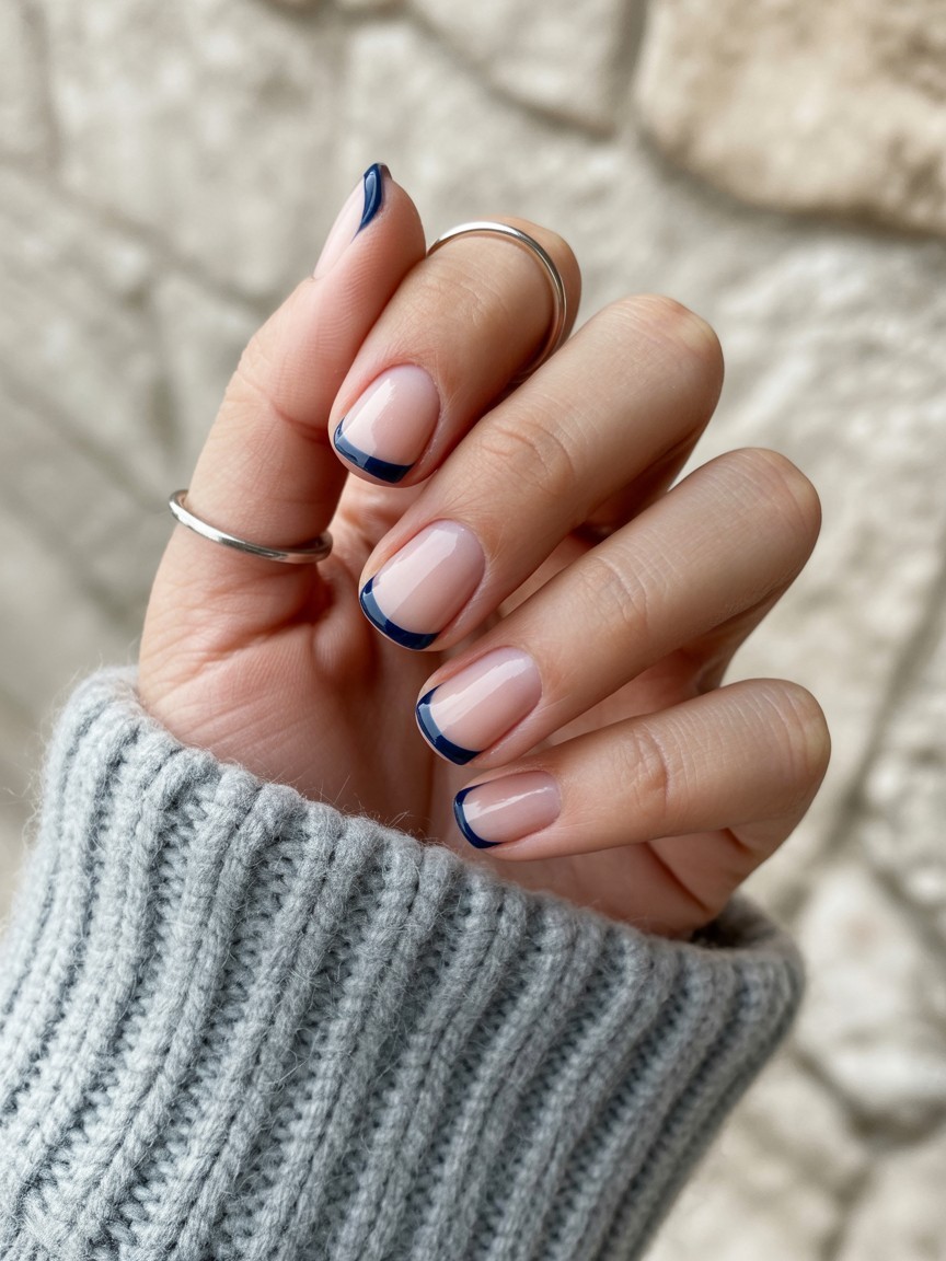 Medium-length nails with sharp, clean navy blue French tips on a nude base, accessorized with silver rings and grey wool sleeve.

