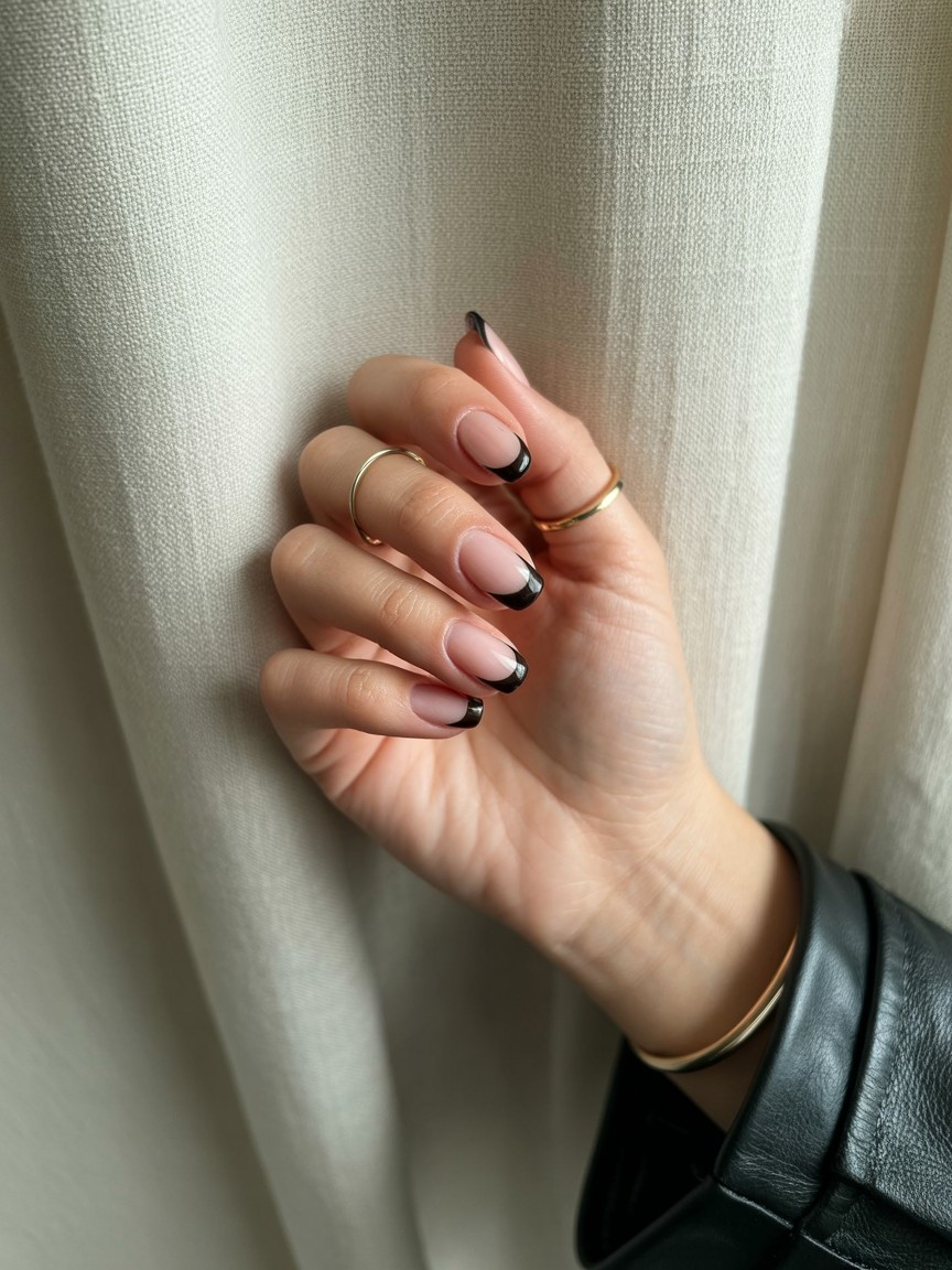 Natural hand with negative space black French tip nails featuring minimalist black tips over clear sections, accessorized with gold rings and set against an off-white fabric background.