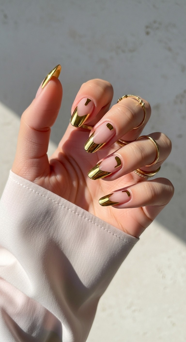 Hand with sleek fingers showing nails featuring negative space design with glossy gold chrome tips and clear gaps, styled with pastel flowy sleeves.

