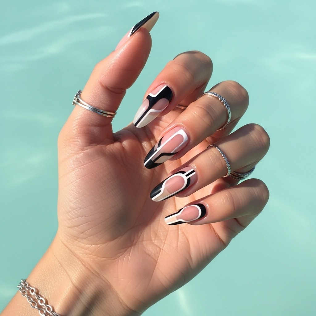 Long almond nails with glossy nude polish and bold negative space accents in white and black, styled with silver jewelry on a grey stone background.