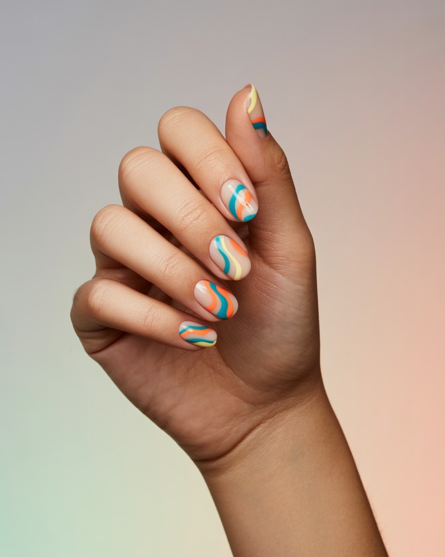 Whole hand with glossy nails featuring bright curved negative space wave designs.