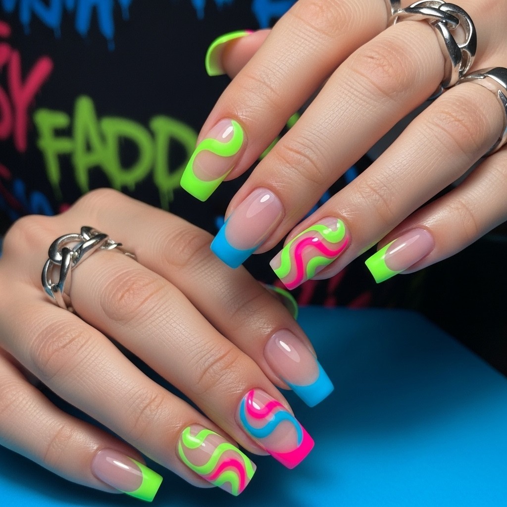 Neon swirl French tip nails with wavy designs in bright colors, styled with bold rings and a contrasting background.