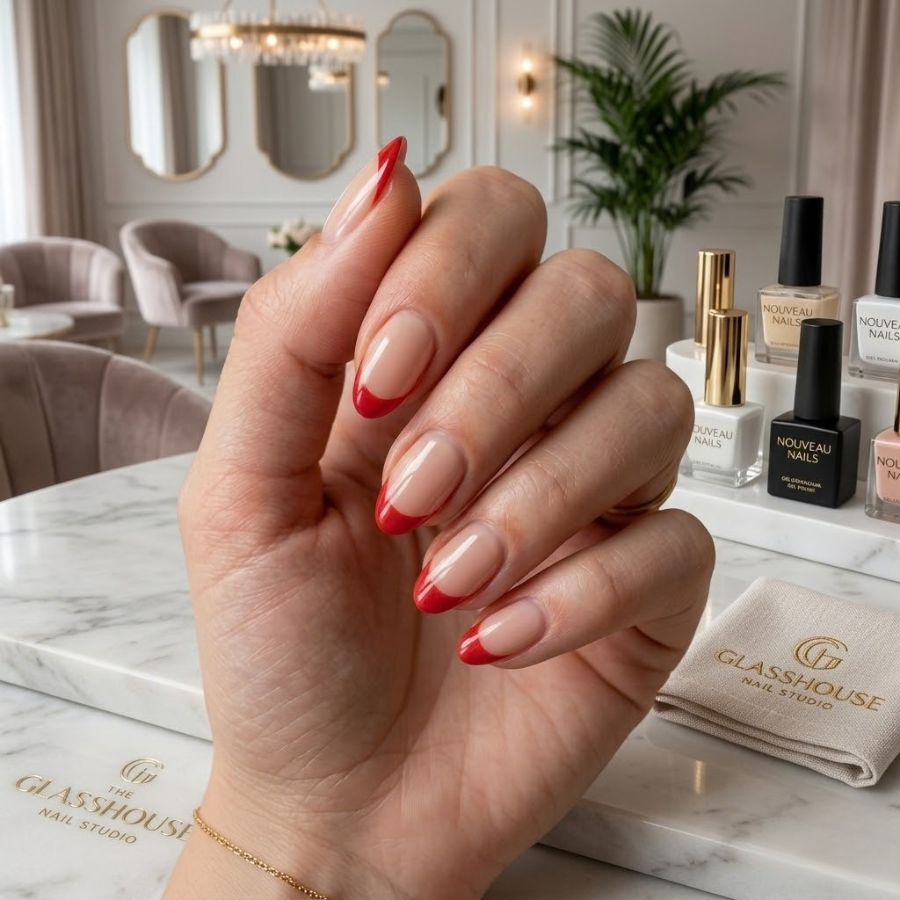 nude nails with red french tips on almond shaped nails classic red french manicure