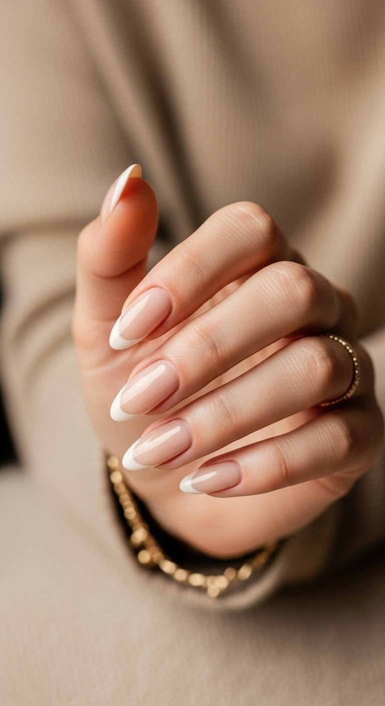 Close-up of almond nails with creamy oat-colored bases and soft neutral chrome French tips on a naturally posed hand.