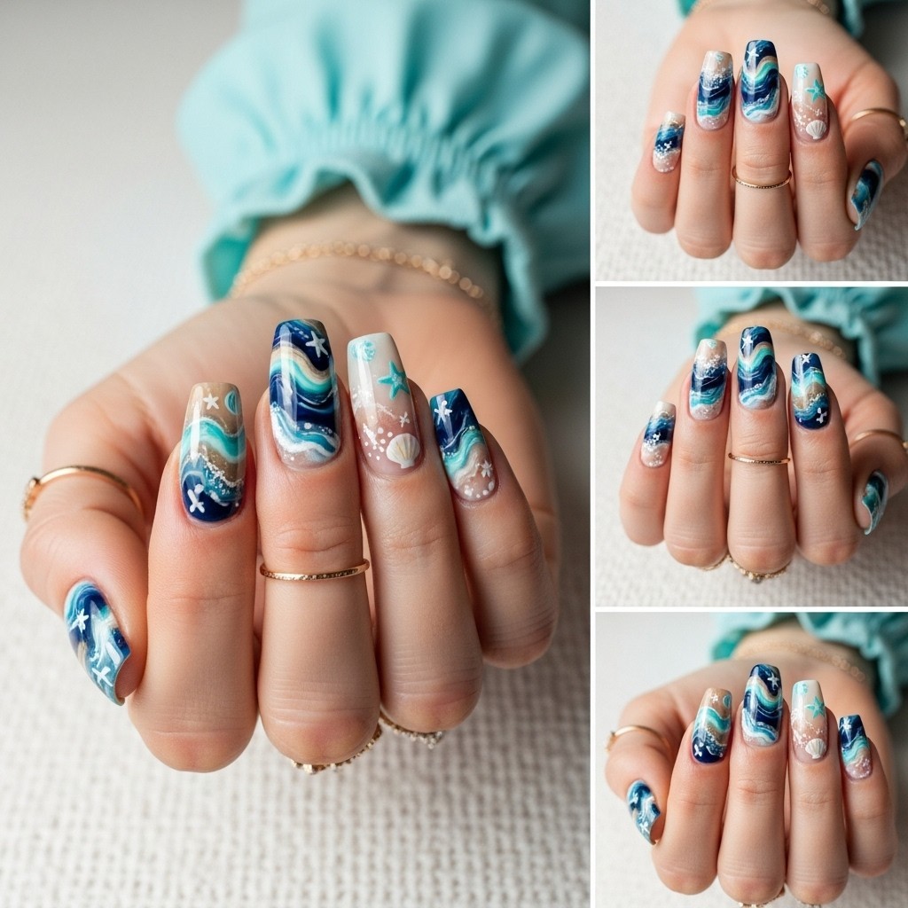 hand-painted ocean-inspired nails featuring glossy marbled navy, aquamarine, and sandy beige waves with delicate white sea foam and tiny seashell and starfish details, framed by a soft aqua blue summer dress sleeve and minimal gold rings