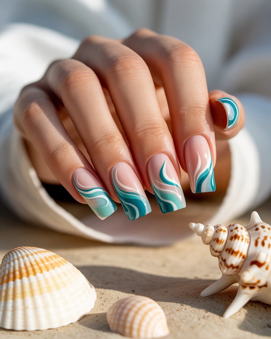 Glossy ocean-inspired swirl nails with aqua, teal, and white designs on a nude base.