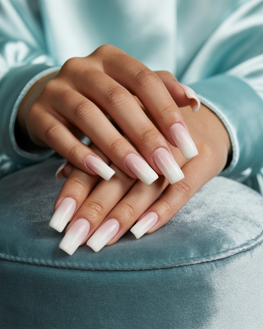 Close-up of coffin-shaped nails with soft pink to white ombre French tips, glossy finish, modern and elegant manicure.